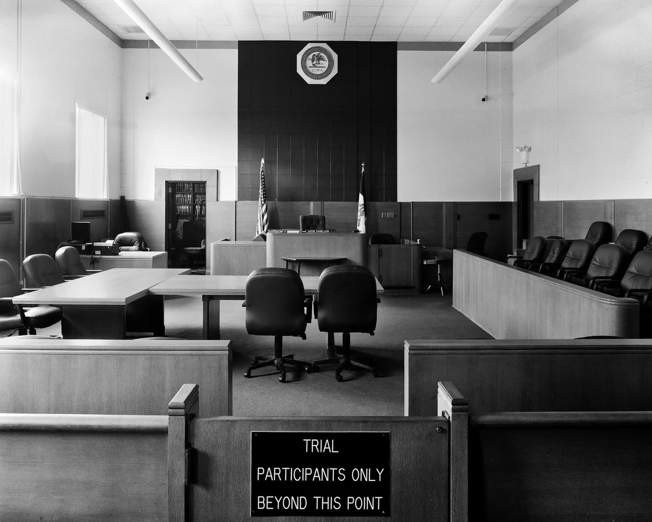 Black and white photograph of a large courtroom in Buena Vista County, Iowa
