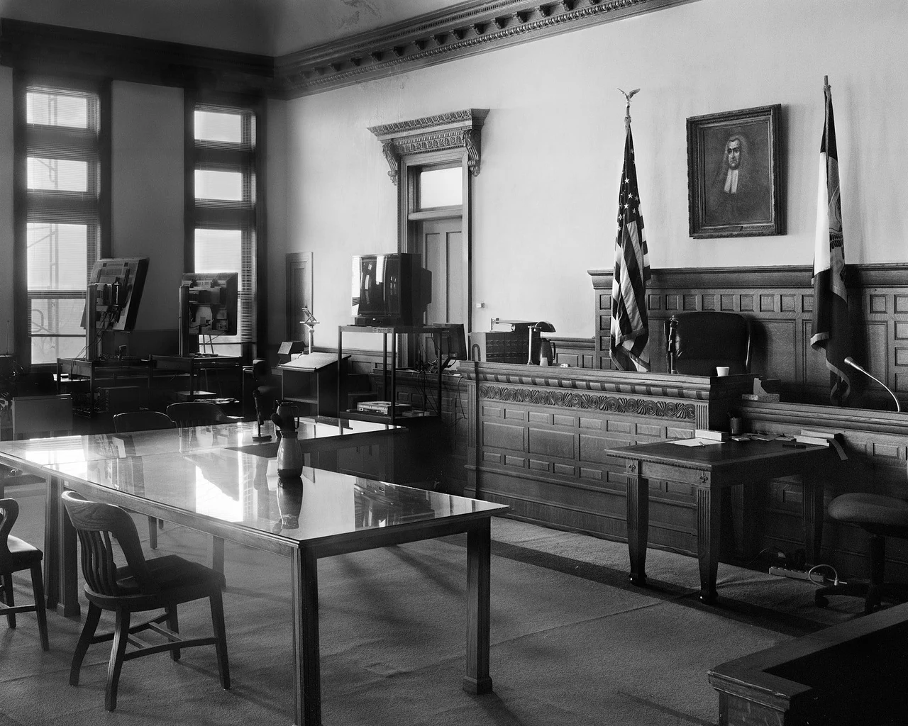 Black and white photograph of a large courtroom in Johnson County, Iowa